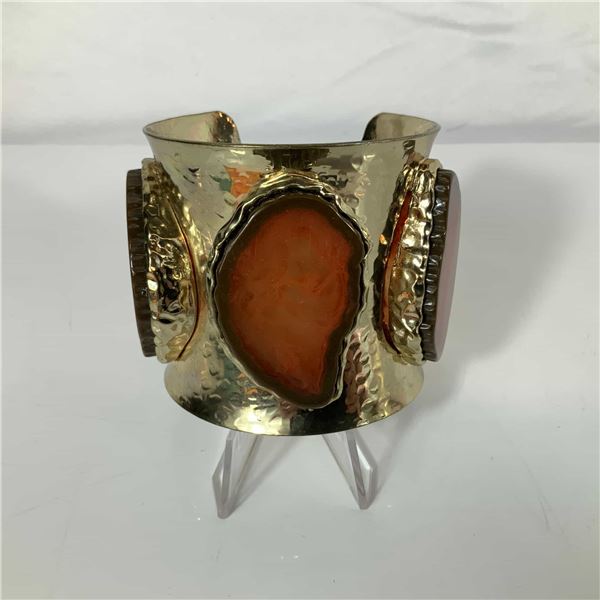 Hammered Gold Tone Cuff Bracelet with Three Agate Slices