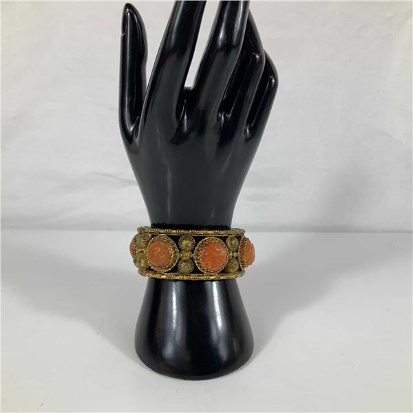 Vintage Gold Tone Hinged Bangle Bracelet with Carved Floral Coral Color Cabochons