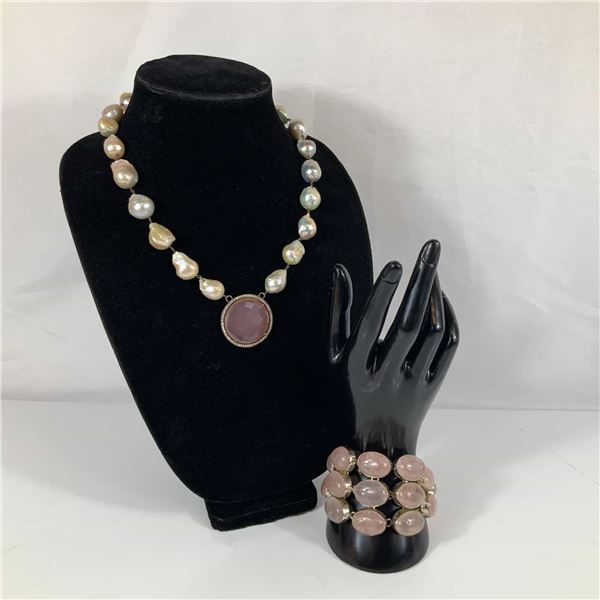 A Pair of Sterling Silver Rose Quartz and Baroque Pearl Jewelry Including a Necklace and Bracelet