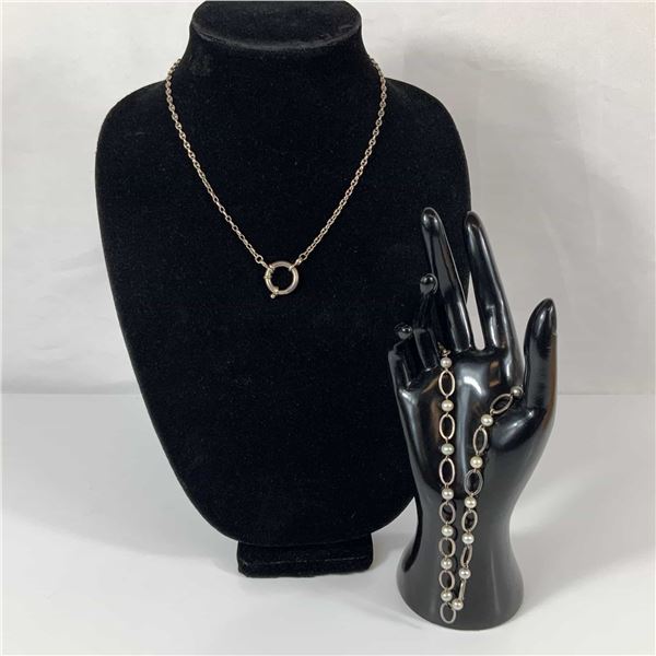 Two 925 Sterling Silver Necklaces Including a Sailor Clasp Chain and a Pearl Station Necklace