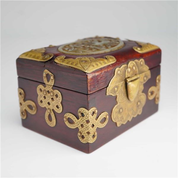Early 20th Century Chinese Hongmu and Brass-Mounted Jewelry Box with Carved Jade Plaque