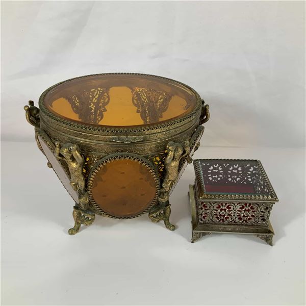 Two Brass Filigree Ormolu Glass Jewelry Boxes with Amber Beveled Glass