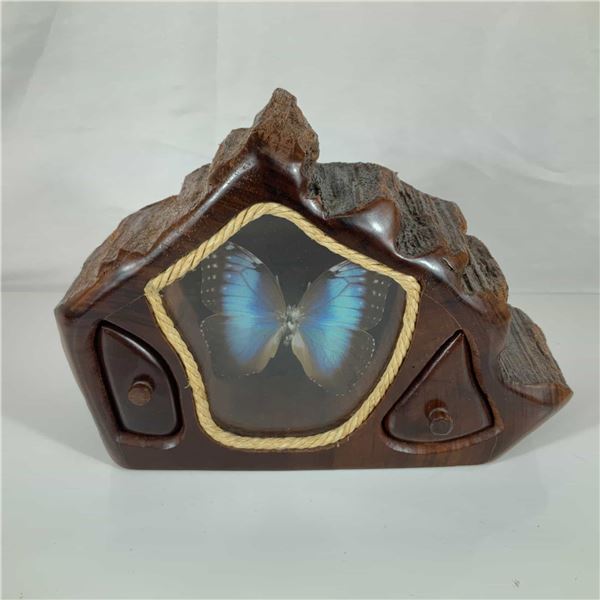 Rustic Carved Wood Jewelry Box with Blue Morpho Butterfly Specimen