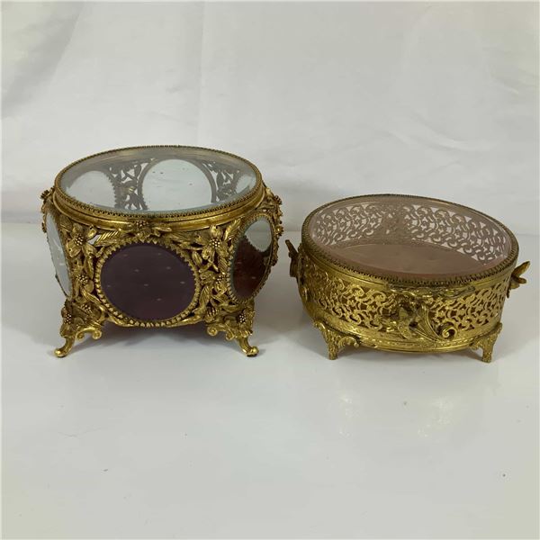 Two Matson Hollywood Regency Ormolu Brass and Beveled Glass Jewelry Caskets