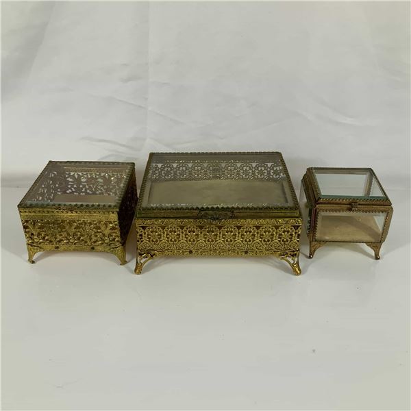 Three Hollywood Regency Style Gilt Filigree and Beveled Glass Jewelry Casket Boxes