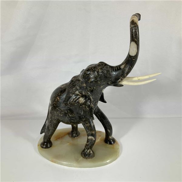 Carved Marble Elephant and Calf Sculpture on Oval Marble Base