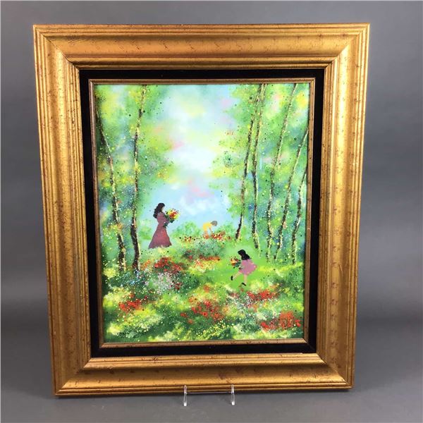 Louis Cardin Framed Enamel on Copper Painting, Gathering Flowers