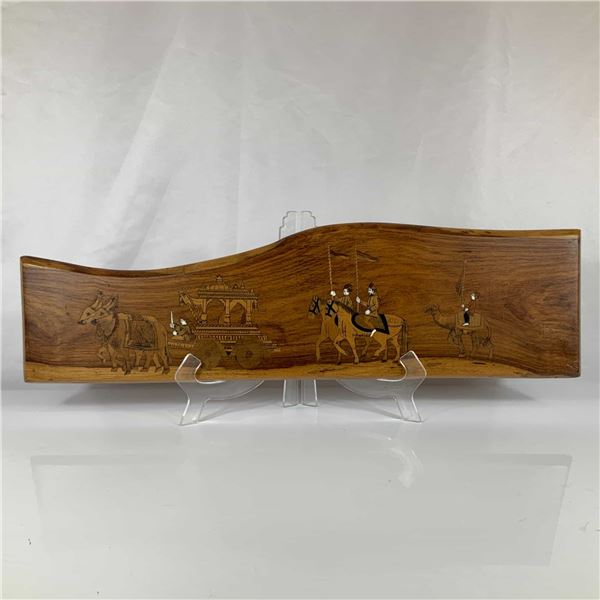 Vintage Indian Wood Inlay Wall Plaque Depicting a Ceremonial Procession