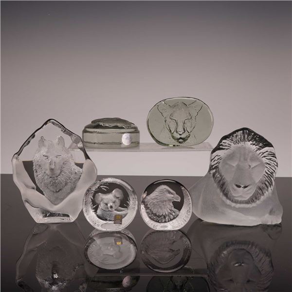 6pc Art Glass Paperweights and Bud Vase including Mats Jonasson and Viking