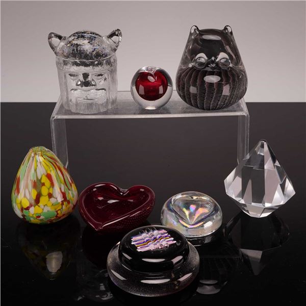 8 Piece Collection of Decorative Desk Items including Kosta Boda Art Glass and Paperweights