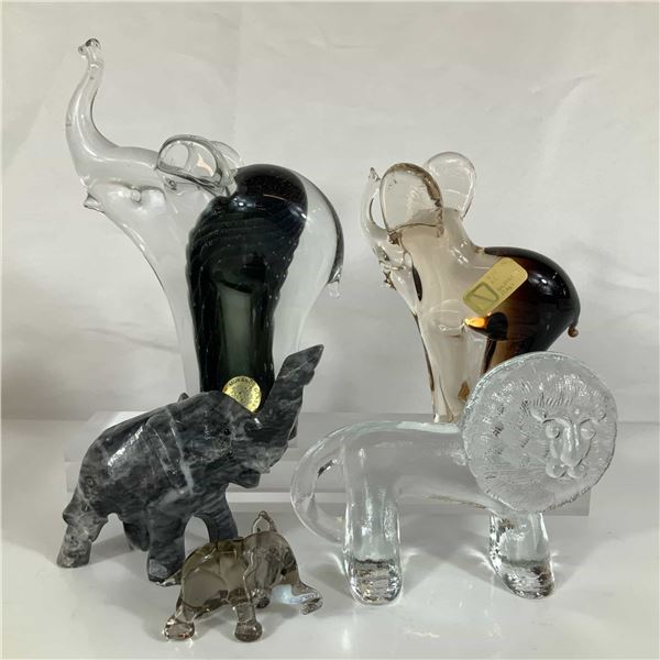 5pc Art Glass and Stone Animal Figurines