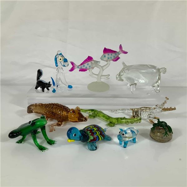 Eleven Piece Collection of Hand Blown and Lampworked Glass Animal and Reptile Figurines