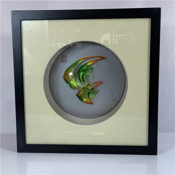 Framed Chinese Art Glass Fish Sculpture with Calligraphy and Seal Mark