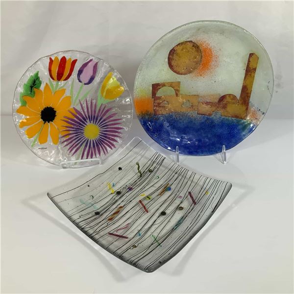 Three Contemporary Fused and Slumped Art Glass Plates Including William McGrath