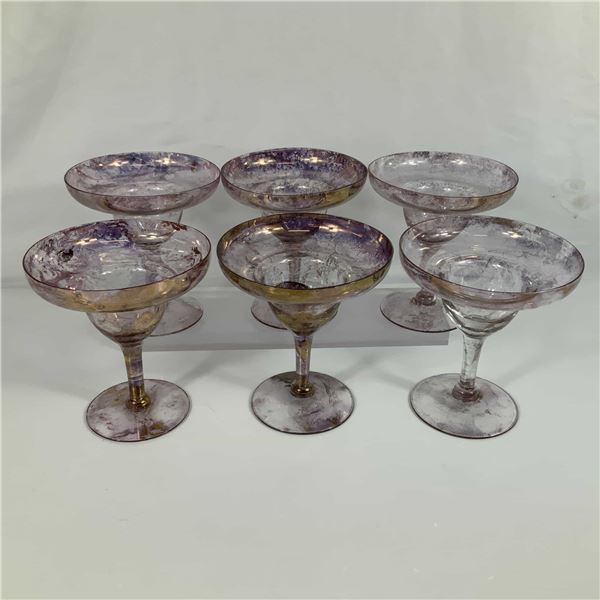 Set of Six Iridescent Marbled Purple Art Glass Margarita Glasses with Gold Toned Accents