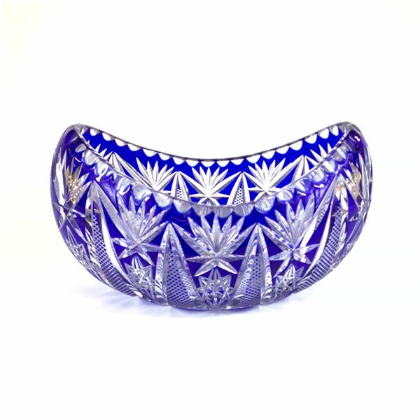 Cobalt Blue Hand Cut to Clear Crystal Boat Shaped Centerpiece Bowl