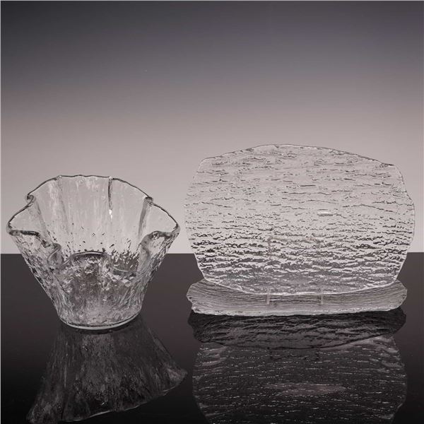 3pc Glass Platters and Bowl in Scandinavian Style Bark Glass