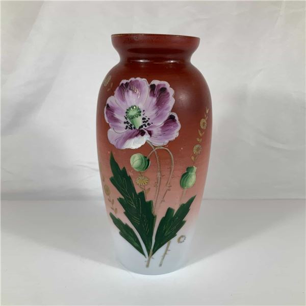 Peachblow Style Hand Painted Art Glass Poppy Vase