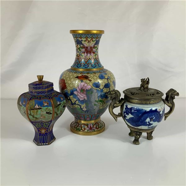 Three Chinese Decorative Objects Including Cloisonne Vases and Jars and a Porcelain Censer