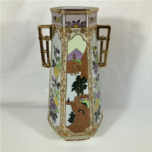 Nippon Hand Painted Scenic and Floral Hexagonal Porcelain Vase Signed Marilyn Fels 1978