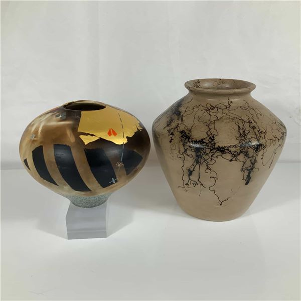 Two Art Studio Pottery Vases Including One Signed Jemez Pueblo Horsehair Vessel