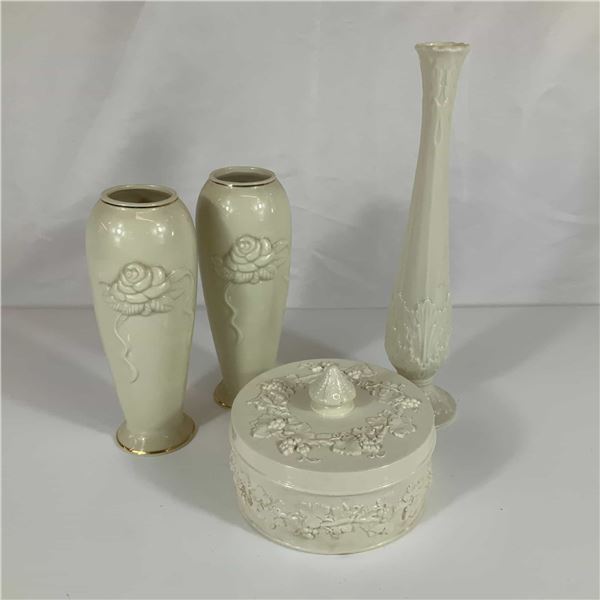 4pc Lenox Vases and Wedgwood Lidded Box
