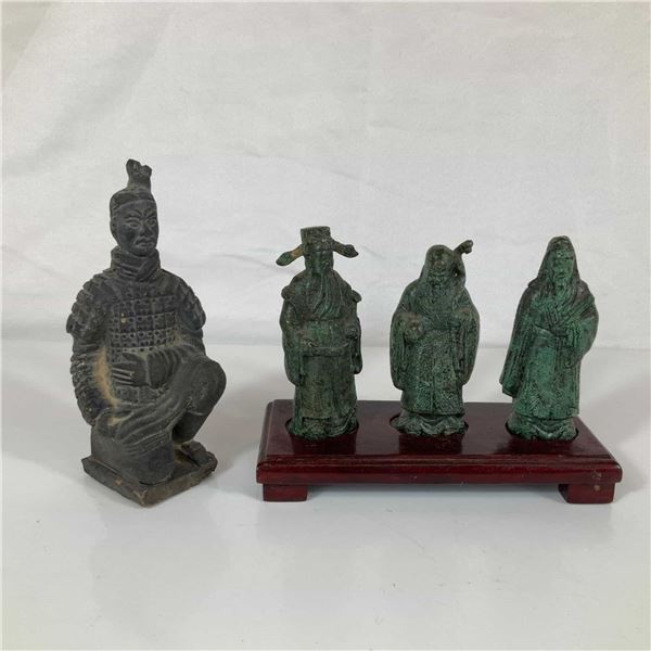 4pc Chinese Fu Lu Shou Deities and Terracotta Warrior Style Figurines with Wooden Stand
