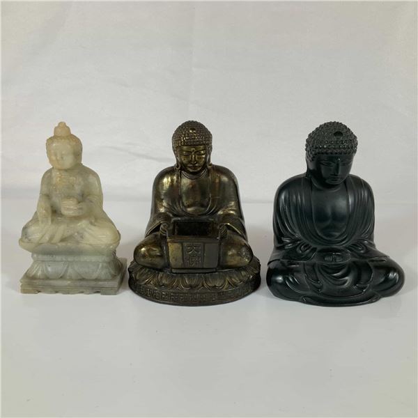 Three Stone and Metal Seated Buddha Figurines