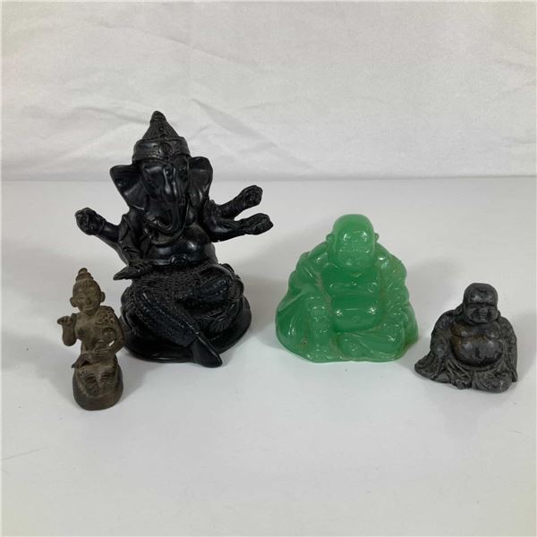 4pc Religious and Spiritual Figurines Including Ganesha, Laughing Buddha, and Miniature Burmese Meta