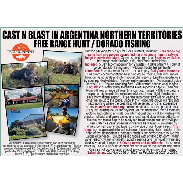 Catena Safaris- 4 Hunters - Wild Boar / Golden Dorado Fishing