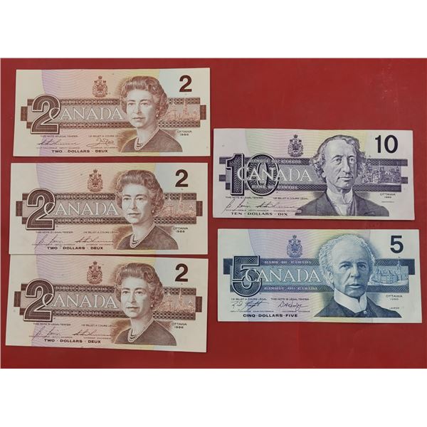 Lot of 1980s Canadian Paper Bills ($2, $5, & $10)
