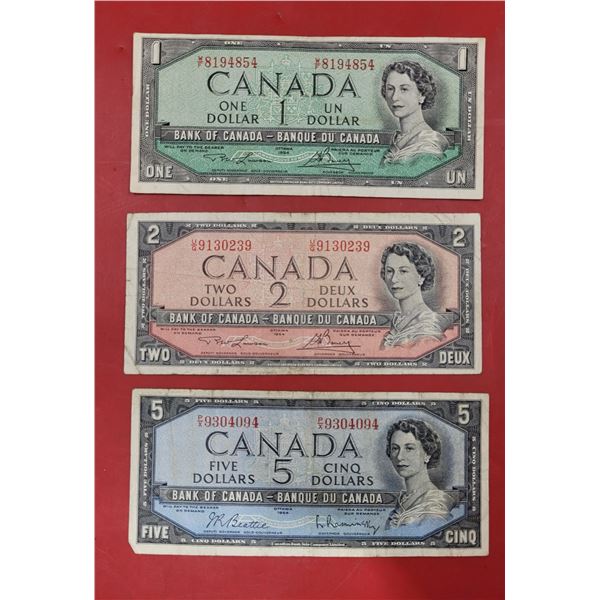 Lot of 1954 Canadian Paper Bills ($1, $2, & $5)