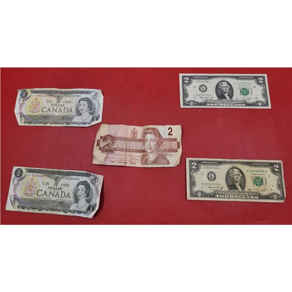 Lot of VTG $1 & $2 Paper Bills (Canada & US)