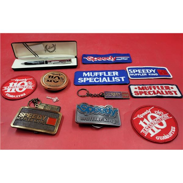 Speedy Muffler Collectibles w/ Belt Buckles, Patches, Pen, & More
