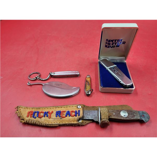 VTG Knife Lot w/ Rocky Beach Knife, Mountie Knife, Speedy Muffler Knife, & More