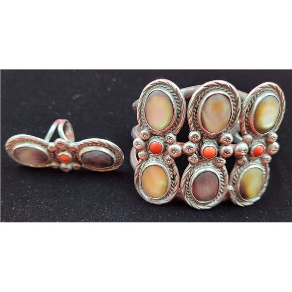 Matching Navajo Coral Mop 925 Sterling Cuff Bracelet & Ring