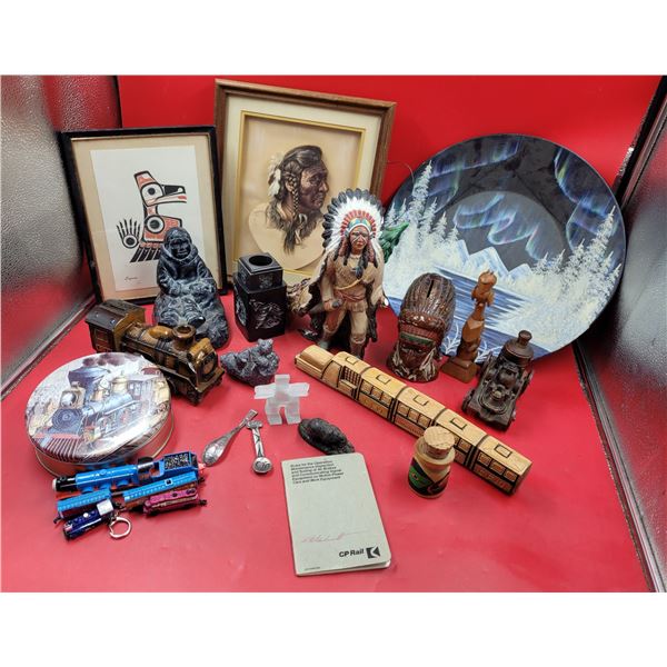 Indigenous & Railroad Lot w/ Indigenous Art, Train Tin, Decorative Plate, & More