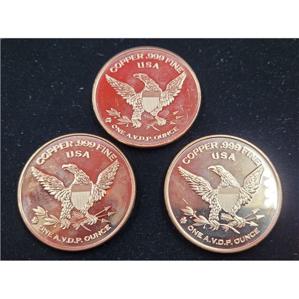 3 One AVDP Oz. Copper .999 Fine USA Coins (Military Order of The Purple Heart)