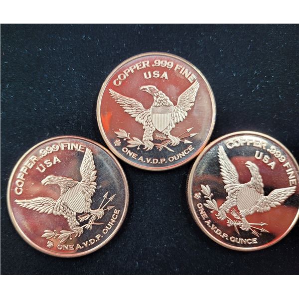 3 One AVDP Oz. Copper .999 Fine USA Coins (United States Coast Guard)