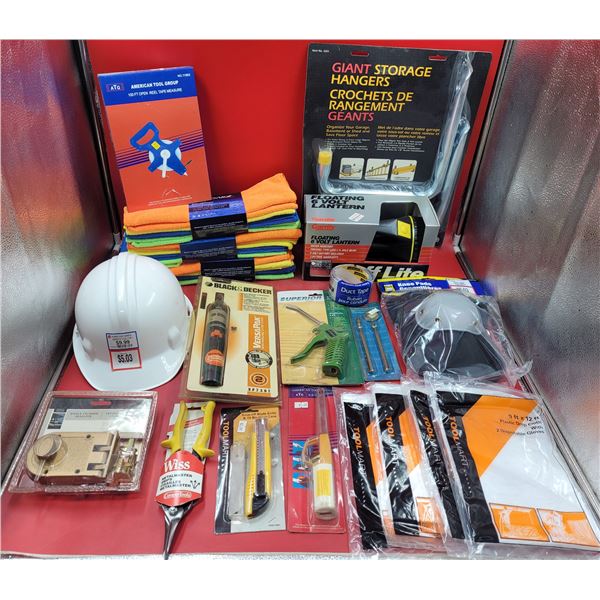 Workwear & Tool Lot w/ Tape Measuring Reel, Hard Hat, Microfiber Cloths, Knee Pads, & More