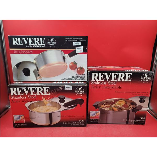 Lot of Stainless Steel Revere Pots (Saucepan, Double Boiler, & Dutch Oven)