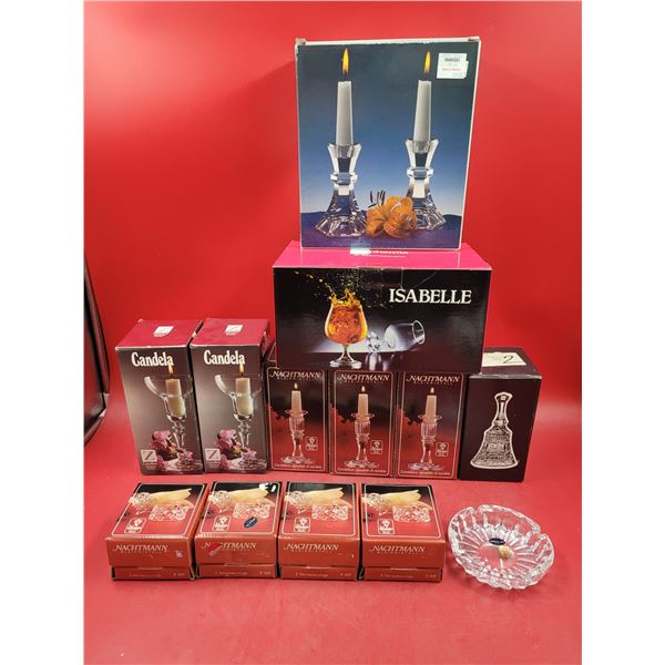 Lot of Crystal Candleholders, Napkin Rings, Glasses, & Bell