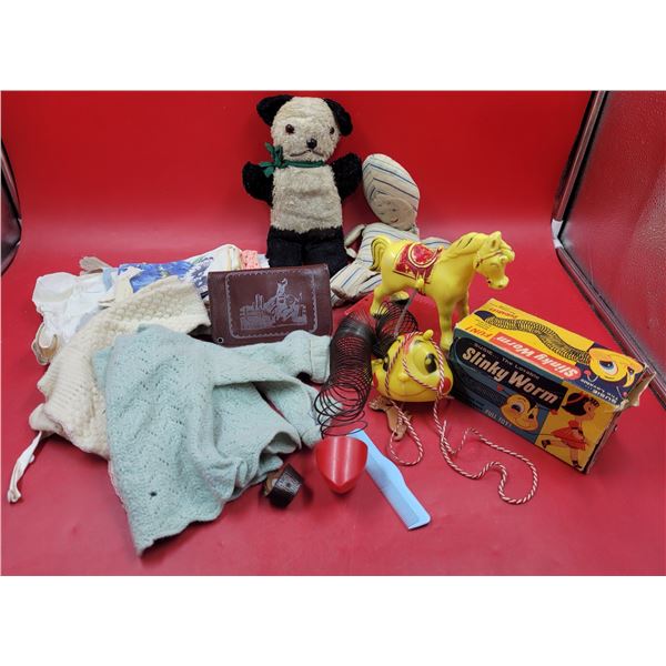 VTG Toy Lot w/ Slinky Worm, Bear Plush, Horse Toy, & More