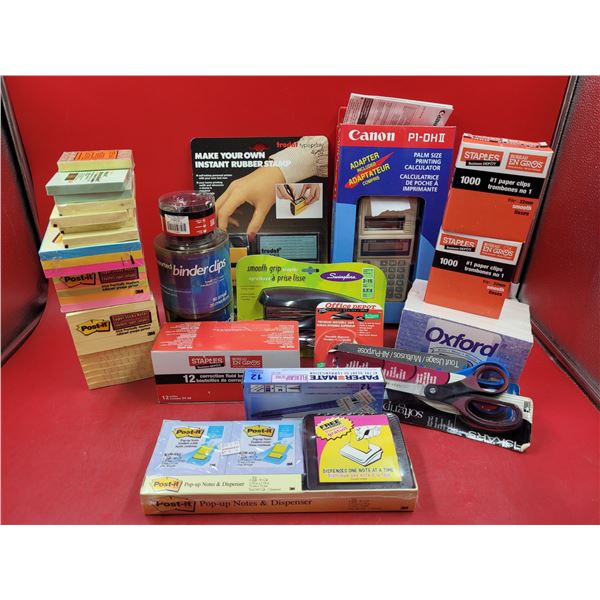 Office Supplies Lot w/ Sticky Notes, Pens, Corrector Fluid Bottles, Scissors, Paper Clips, & More
