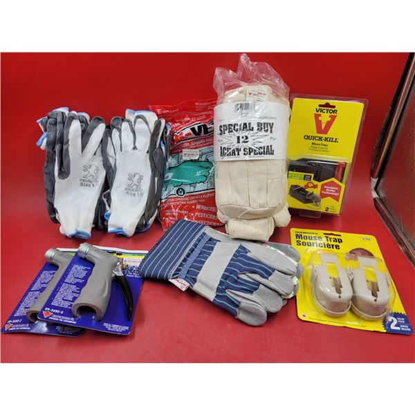 Lot of Work Gloves, Mouse Traps, & Hose Spray Guns