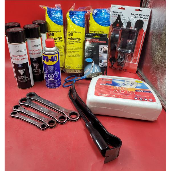 Variety Lot w/ First Aid Kit, Sponge Mop Refills, WD-40, Ratcheting Box Wrenches, & More