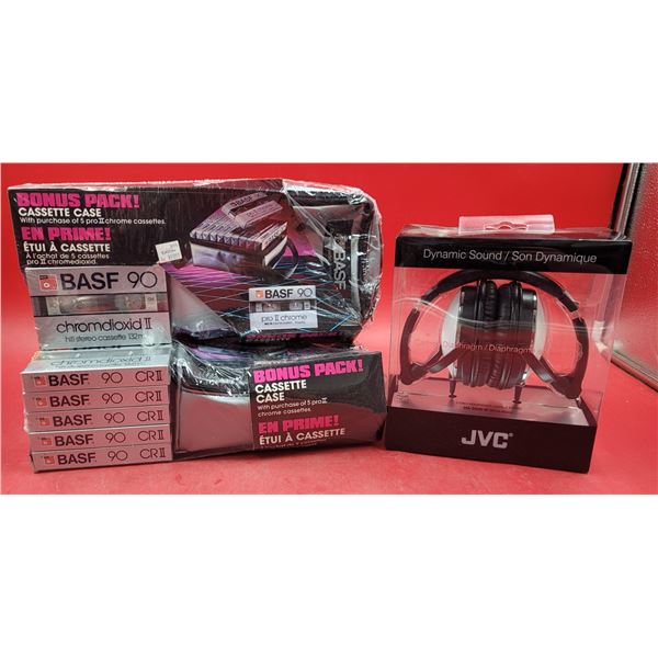 Blank Cassette Tapes, JVC Headphones, & Cassette Cases