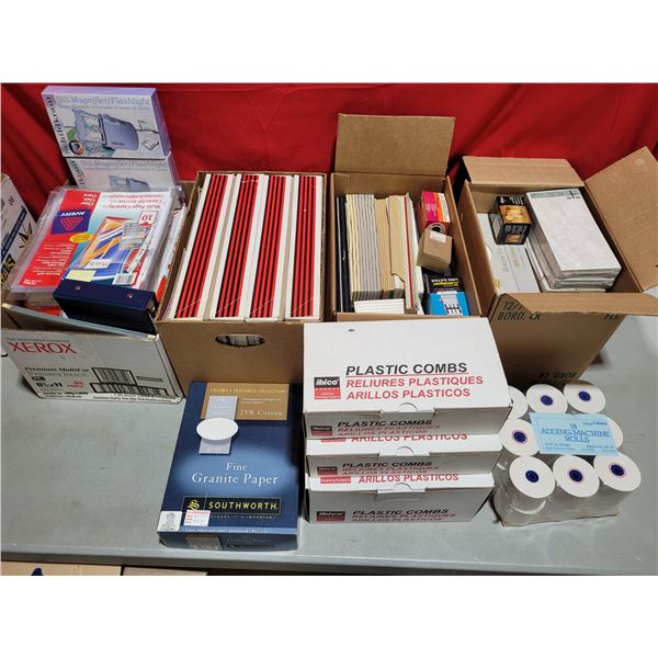 Lot of Office Supplies w/ Adding Machine Rolls, Fine Granite Paper, Binder Folder, & More