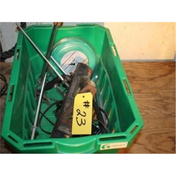 CRATE INCLUDING SAW, PLANNER, STAPLE GUN, LEVEL, TRIMMER LINE