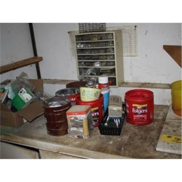 CONTENTS OF SHELF INCLUDING NAILS, SCREWS, SHIMS, LIGHT BULBS